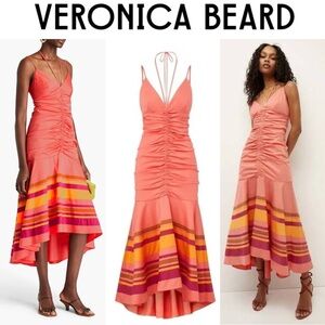 VERONICA BEARD Fitz Ruched Midi Dress Vibrant Coral and Pink High Low Dress NWT